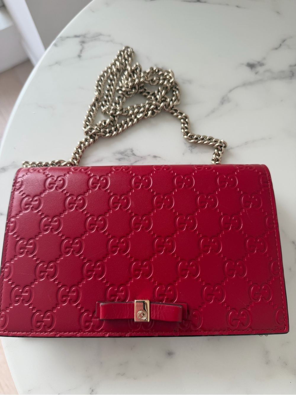 Gucci Red GG Embossed Leather Crossbody with Gold Chain
